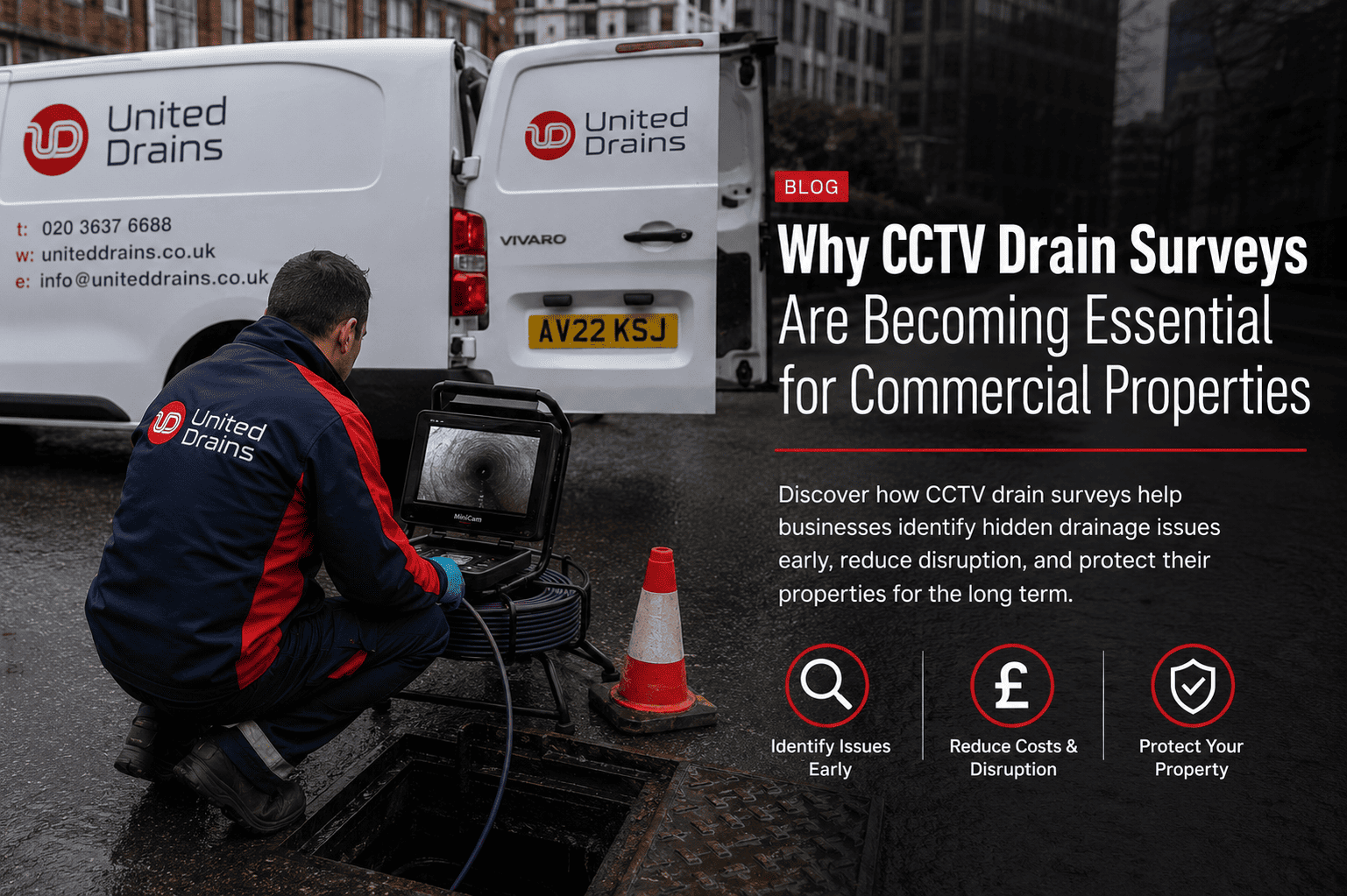 United Drains engineer carrying out a CCTV drain survey beside a commercial drainage access point using specialist inspection equipment and a branded service van.