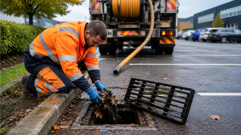 Drainage engineer carrying out commercial gully cleaning on a surface water drain outside a commercial property.